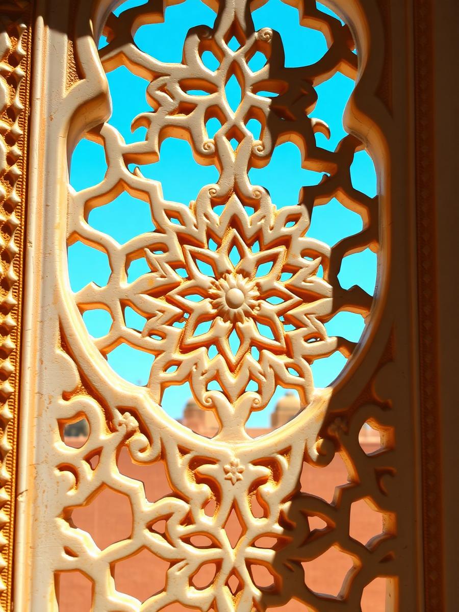 Carved white marble jali screen glowing against turquoise lake water