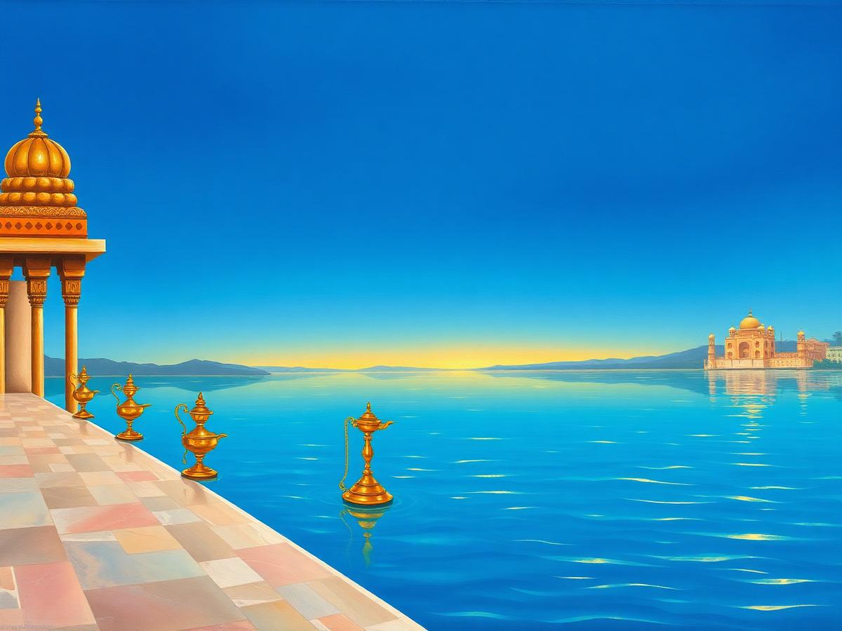 Rows of brass diya lamps along a palace ghat at dusk
